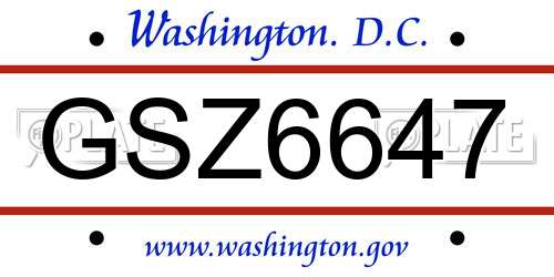 GSZ6647 District Of Columbia License Plate