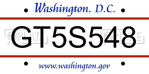 GT5S548 District Of Columbia License Plate