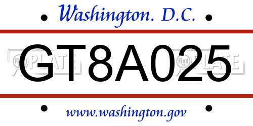 GT8A025 District Of Columbia License Plate