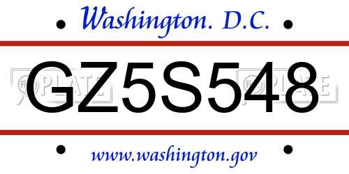 GZ5S548 District Of Columbia License Plate