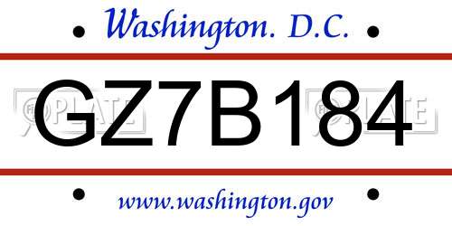 GZ7B184 District Of Columbia License Plate
