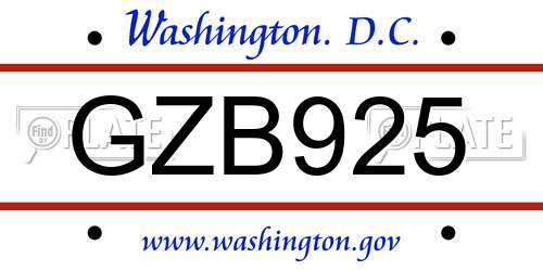 GZB925 District Of Columbia License Plate