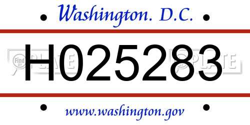 H025283 District Of Columbia License Plate