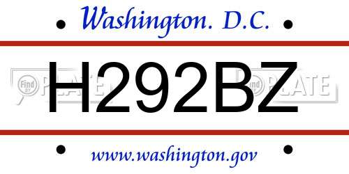 H292BZ District Of Columbia License Plate