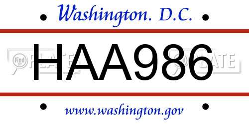 HAA986 District Of Columbia License Plate