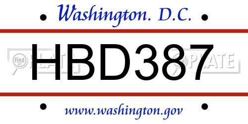 HBD387 District Of Columbia License Plate