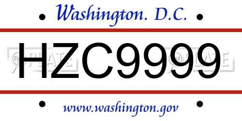 HZC9999 District Of Columbia License Plate