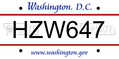 HZW647 District Of Columbia License Plate