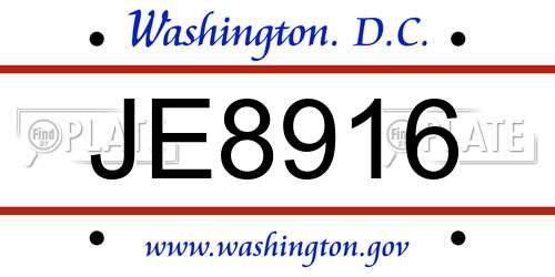 JE8916 District Of Columbia License Plate