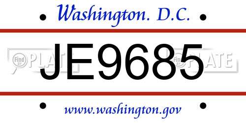 JE9685 District Of Columbia License Plate