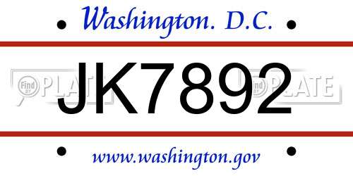 JK7892 District Of Columbia License Plate