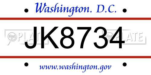 JK8734 District Of Columbia License Plate