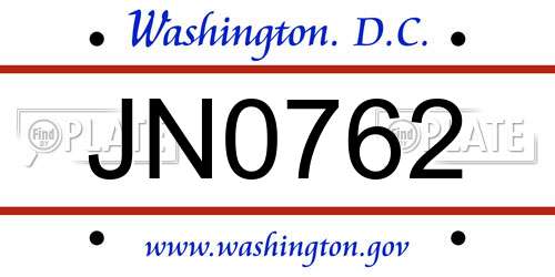 JN0762 District Of Columbia License Plate
