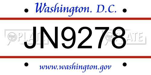JN9278 District Of Columbia License Plate