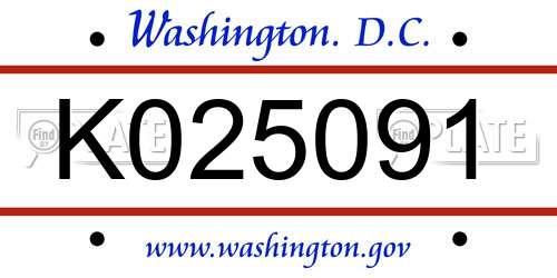 K025091 District Of Columbia License Plate