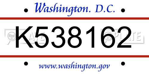 K538162 District Of Columbia License Plate