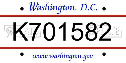 K701582 District Of Columbia License Plate