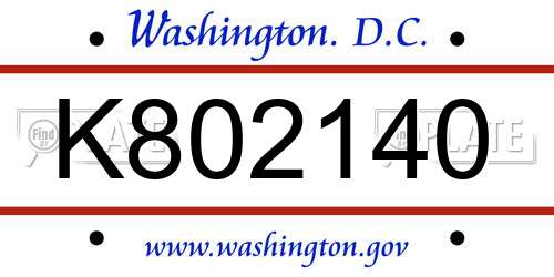 K802140 District Of Columbia License Plate