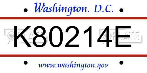 K80214E District Of Columbia License Plate
