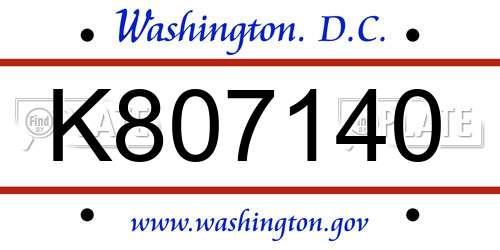 K807140 District Of Columbia License Plate