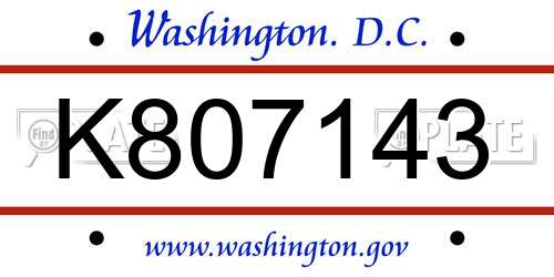 K807143 District Of Columbia License Plate