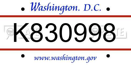 K830998 District Of Columbia License Plate