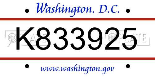 K833925 District Of Columbia License Plate