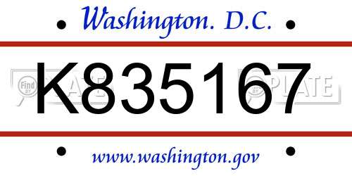 K835167 District Of Columbia License Plate