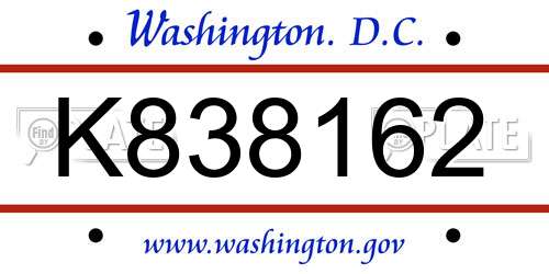 K838162 District Of Columbia License Plate