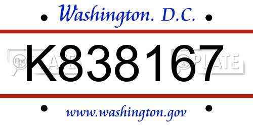 K838167 District Of Columbia License Plate