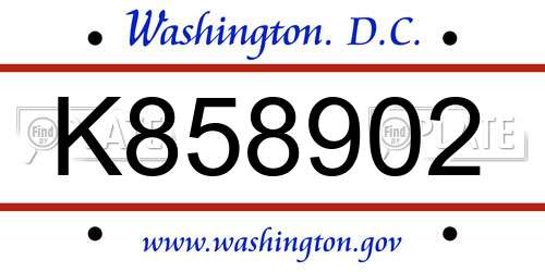 K858902 District Of Columbia License Plate