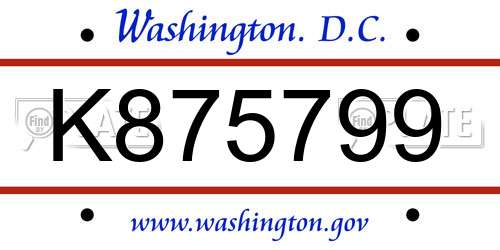 K875799 District Of Columbia License Plate