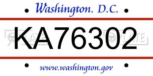 KA76302 District Of Columbia License Plate