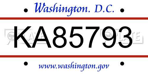 KA85793 District Of Columbia License Plate