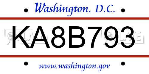 KA8B793 District Of Columbia License Plate