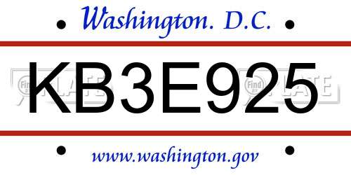 KB3E925 District Of Columbia License Plate