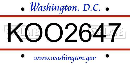 KOO2647 District Of Columbia License Plate