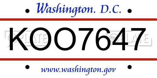 KOO7647 District Of Columbia License Plate