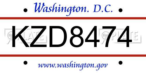 KZD8474 District Of Columbia License Plate