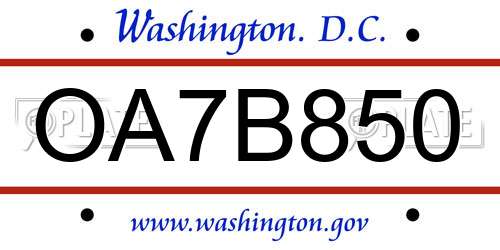 OA7B850 District Of Columbia License Plate