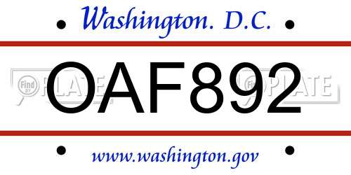 OAF892 District Of Columbia License Plate
