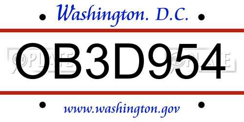 OB3D954 District Of Columbia License Plate