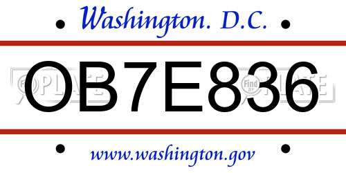 OB7E836 District Of Columbia License Plate