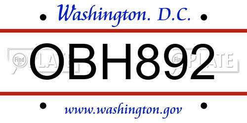 OBH892 District Of Columbia License Plate