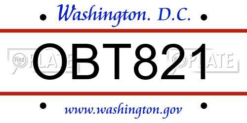 OBT821 District Of Columbia License Plate