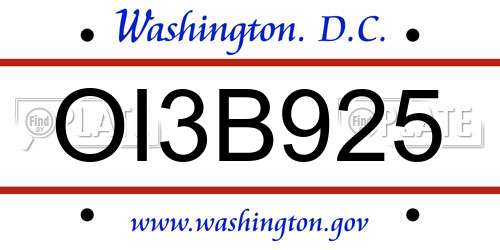 OI3B925 District Of Columbia License Plate