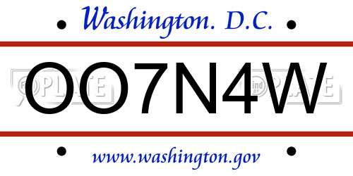 OO7N4W District Of Columbia License Plate