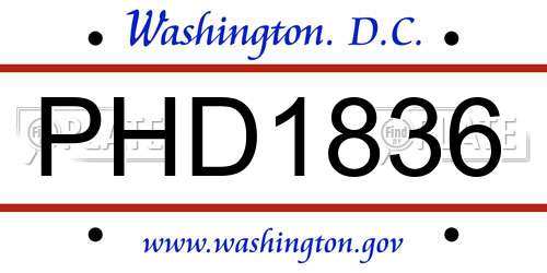 PHD1836 District Of Columbia License Plate