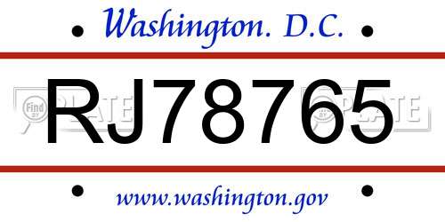 RJ78765 District Of Columbia License Plate