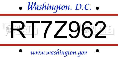 RT7Z962 District Of Columbia License Plate